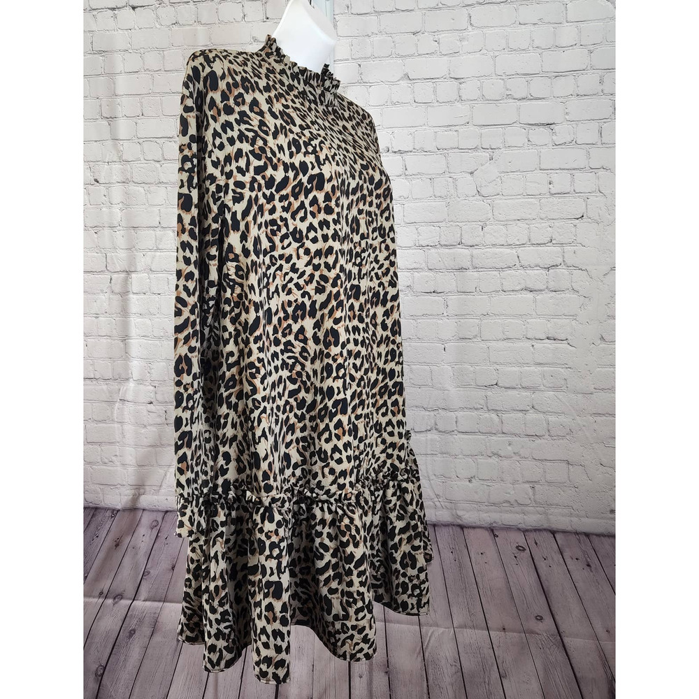 Asos Women's High Ruffle Neck Long-sleeve Leopard Tiered Mini Dress 6 - Picture 3 of 8